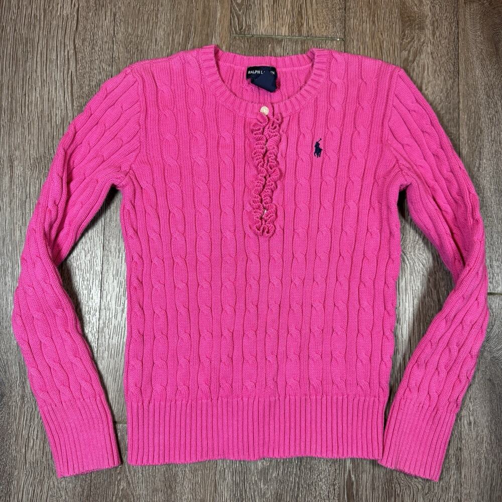 Ralph Lauren Girls Pink Cotton Cable-Knit Sweater, size XL (16)